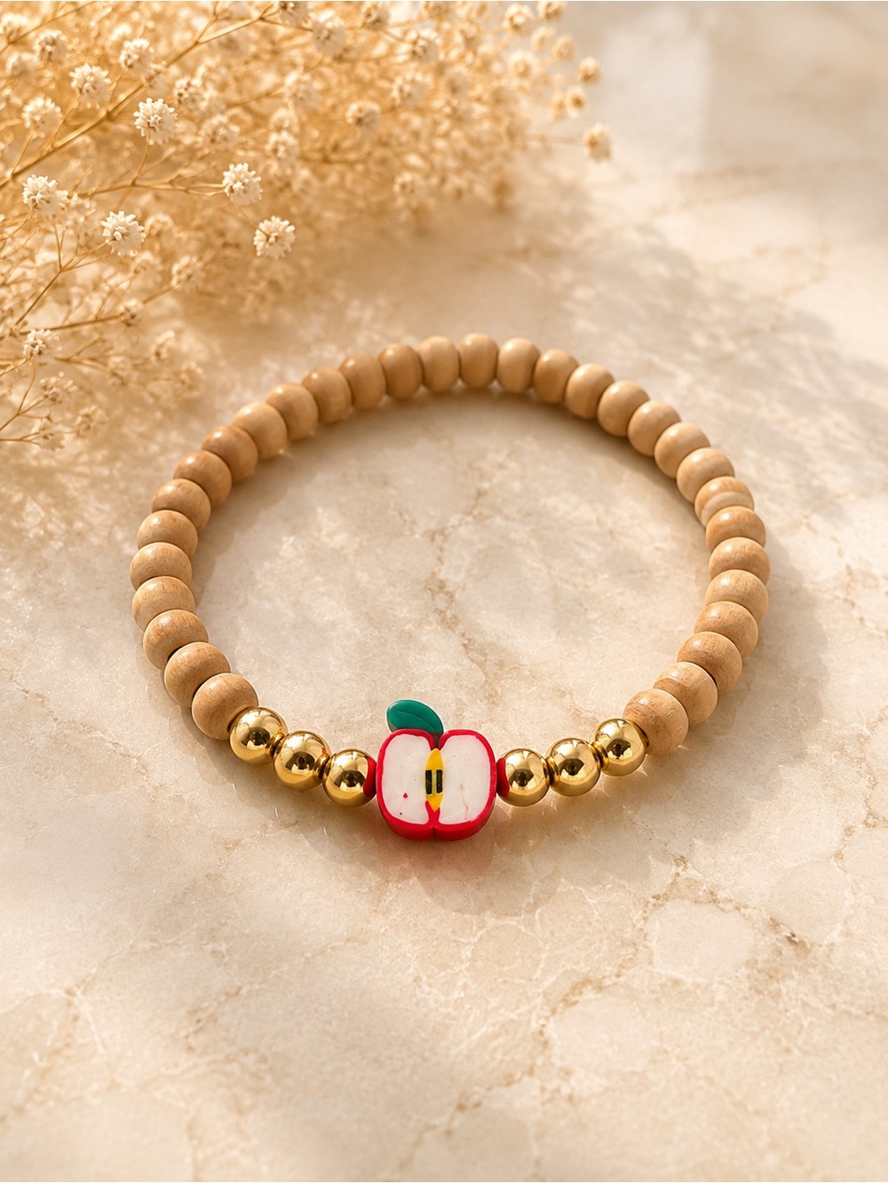 Beaded Apple Charm Stretch Bracelet - Red & Gold